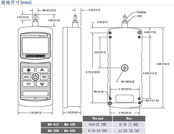 美国MAKE-10高级数字测力计Series4尺寸图